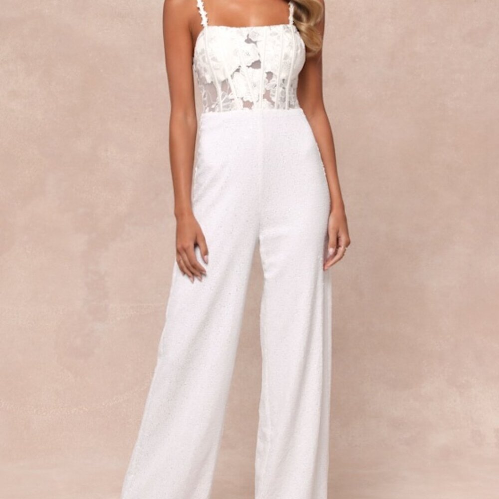 Lulus Everlasting Sparkle White Embroidered Sequin Bustier Jumpsuit - Size M
